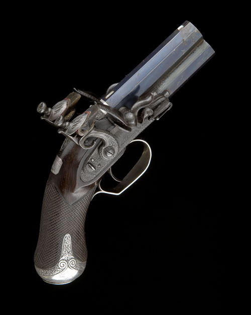 An over and under flintlock pistol